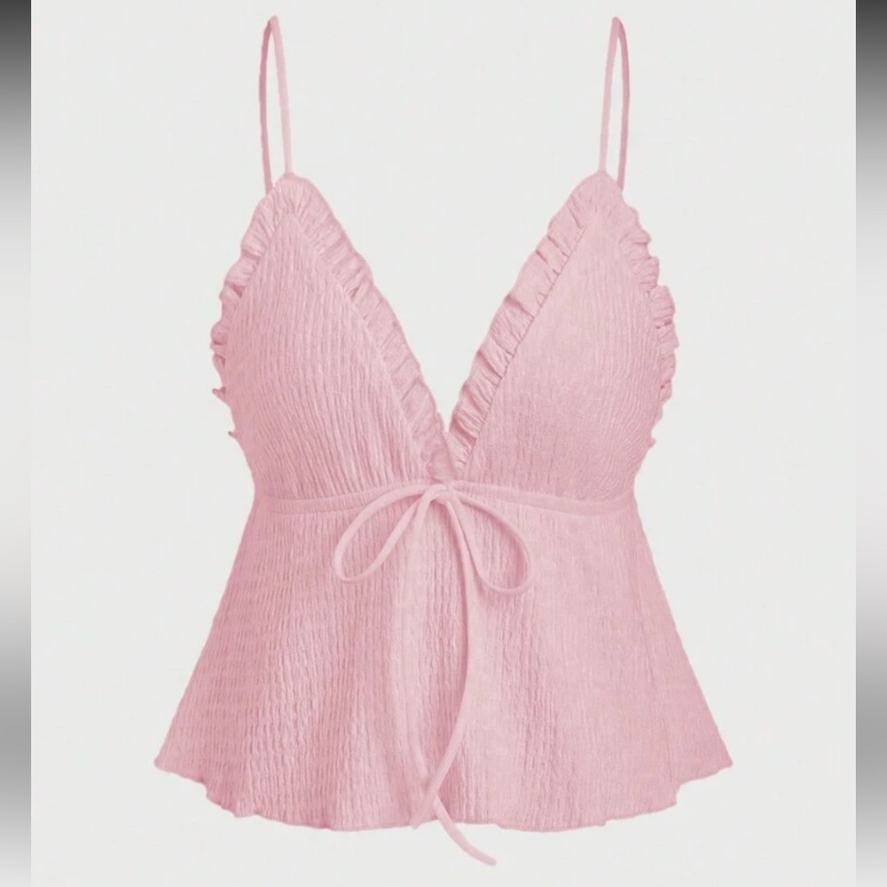 SHEIN Pink Ruffle Tie-Front Cami Tank Top